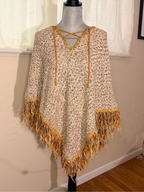 Sabra Vintage Cozy Fringe Knit Poncho Sweater
